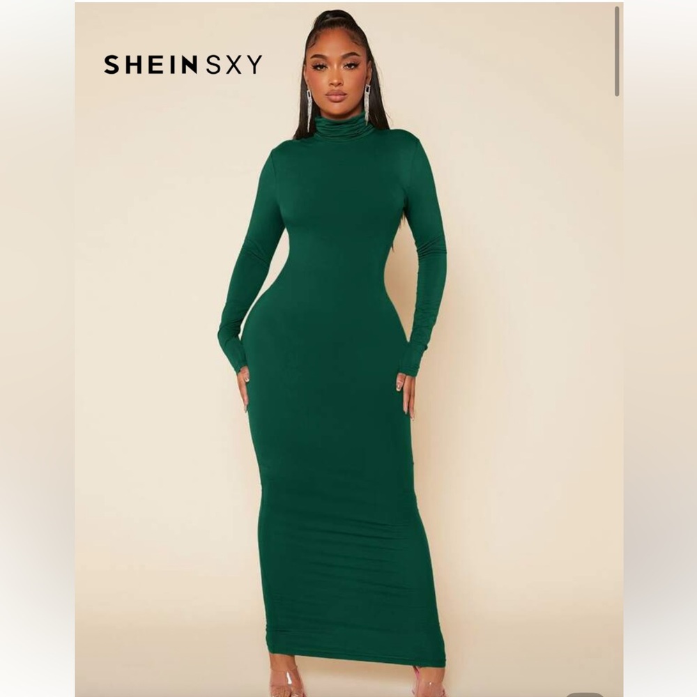 BNWT SHEIN Elegant Green Long Sleeve High Neck Stretchy Maxi Dress Size Small